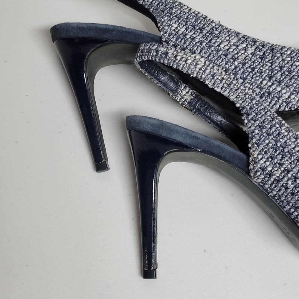 Tory Burch Tweed Metallic Bow Detail Pointy Toe Sling Back Heels. - Picture 10 of 16